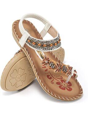 Women's White Comfortable Boho Beaded Toe Ring Walking Casual Flat Sandal Shoes